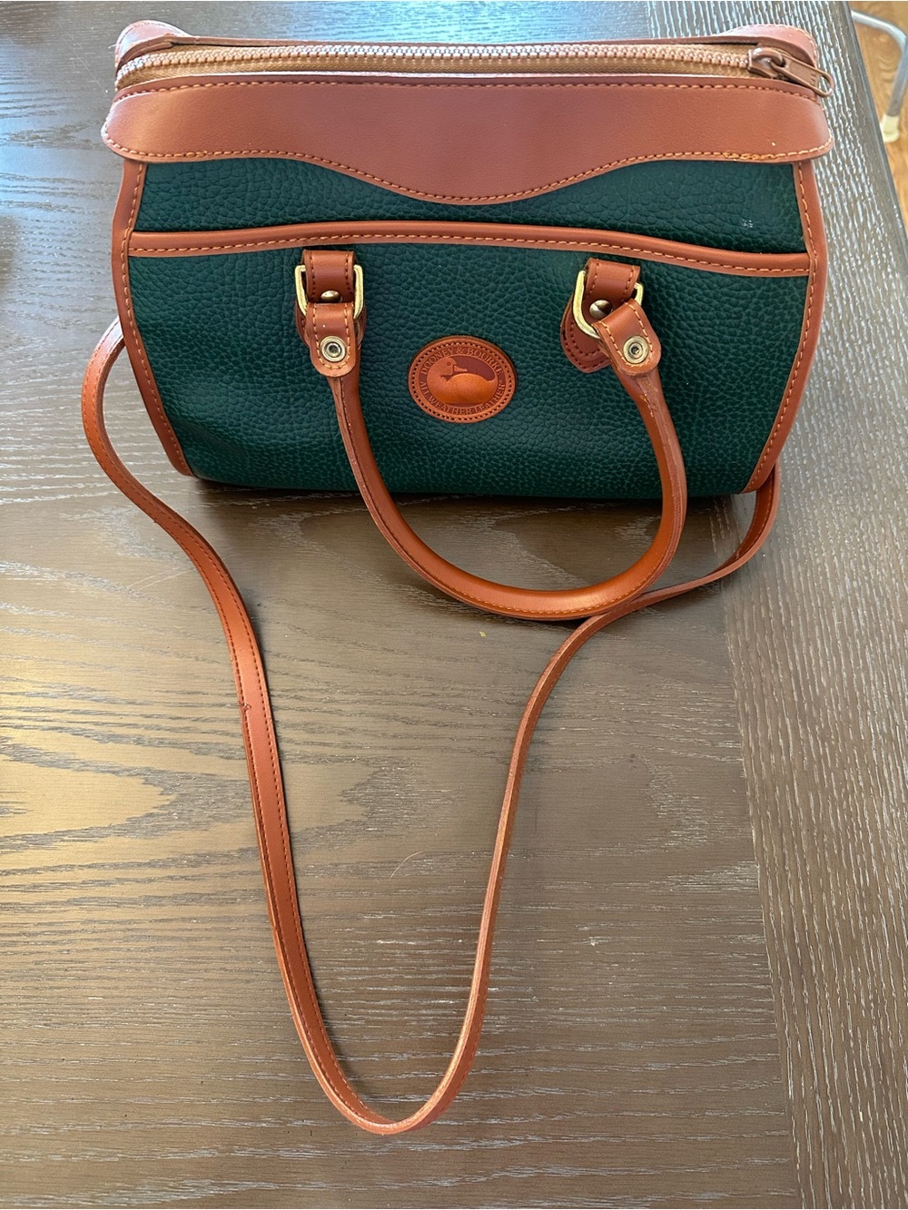 Dooney & Bourke Green Pebbled Leather Crossbody with Brown Trim